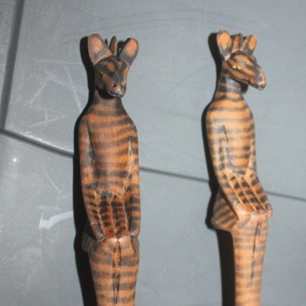 Unique Rare Carved Detailed wooden salad fork & spoon server striped animal …